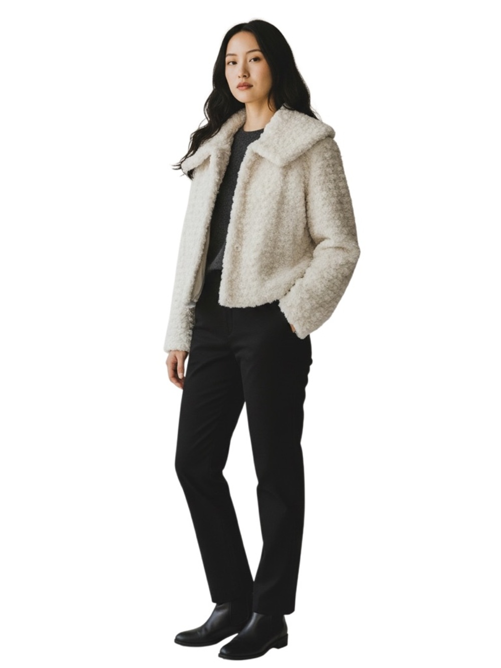 Vintage Ivory Faux Fur Rosette Cropped Jacket – Shawl Collar, Hook-and-Eye RARE